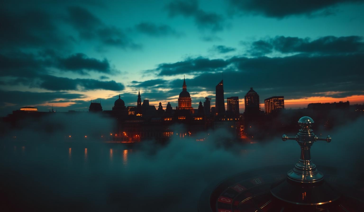 Skyline van Amsterdam in de schemering met op de voorgrond een vervaagd roulettewiel als verwijzing naar de Nederlandse online kansspelmarkt